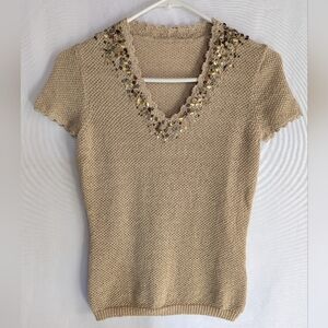 Women's XS Embellished Tan Knit Top V-nech Short Sleeve Sweater